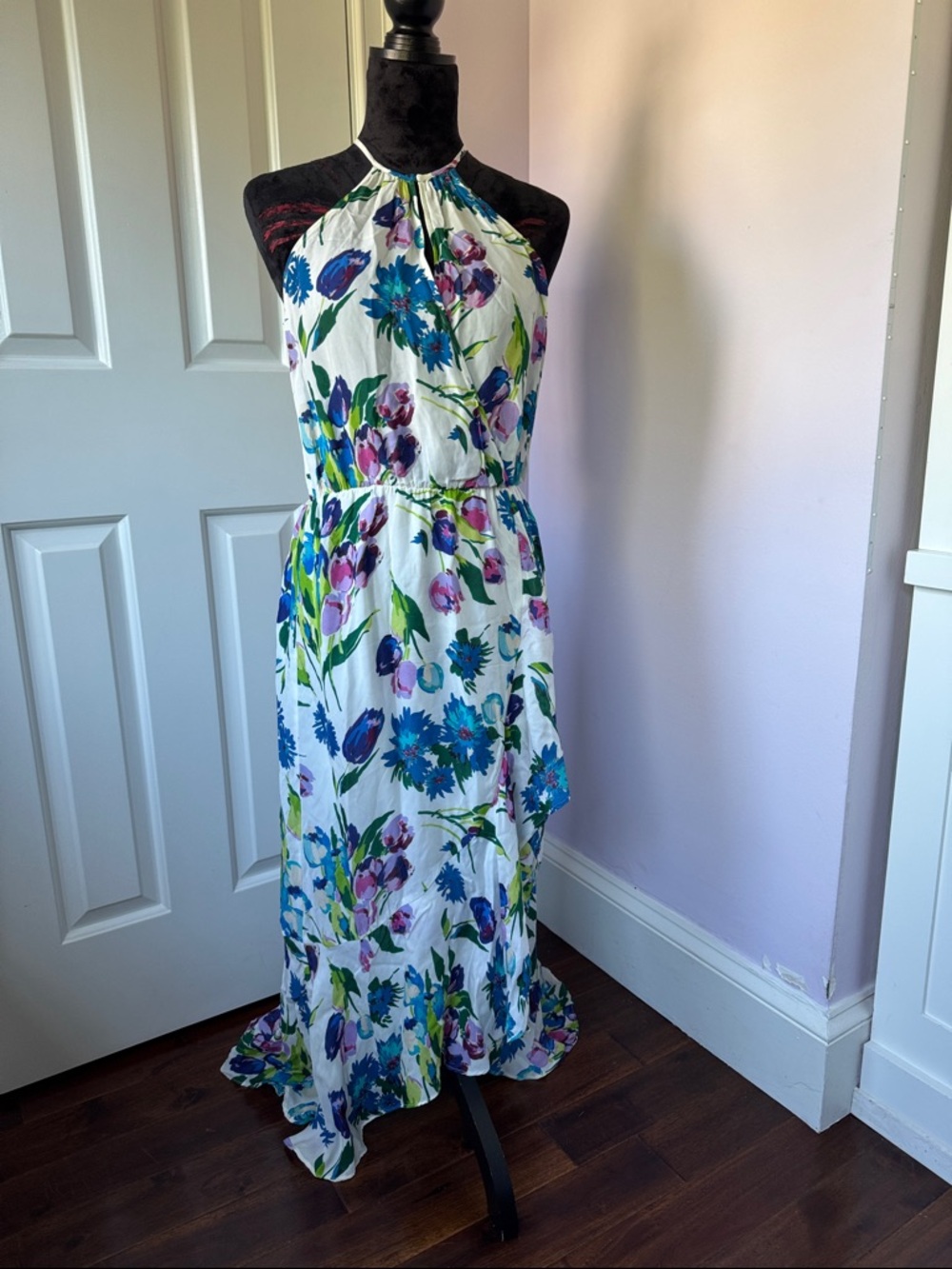 Parker Floral Halter Maxi Dress, hi-lo hem, White with Blue & Purple Blooms